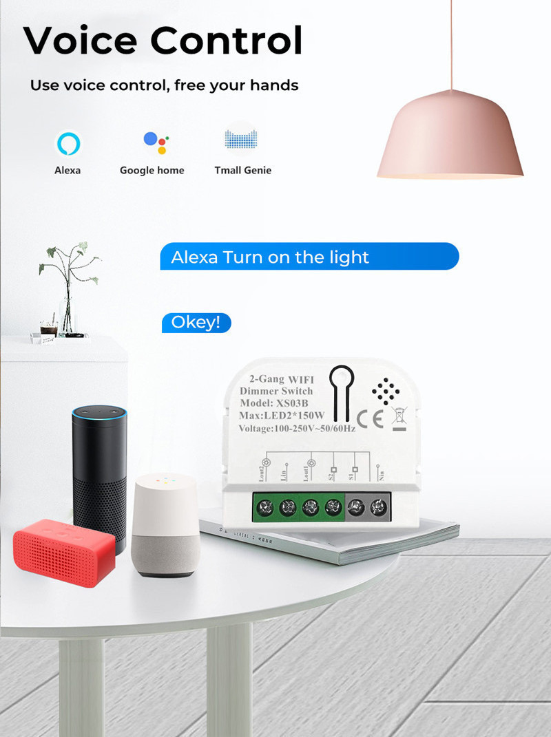 Tuya 220V Home Assistant Dimmer Switch WiFi Smart Electric Module 2 Gang Relay Works With Alexa Google Yandex Alice