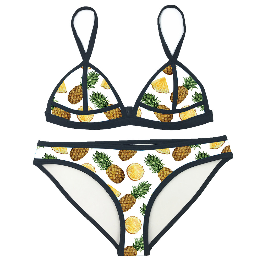 Sling Two Piece Split Swimsuit Swimwear Custom Logo Print Neoprene Women Floral Triangle Bikini Set