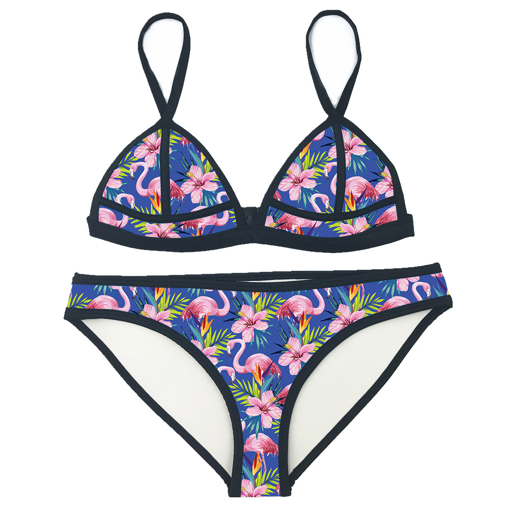 Sling Two Piece Split Swimsuit Swimwear Custom Logo Print Neoprene Women Floral Triangle Bikini Set