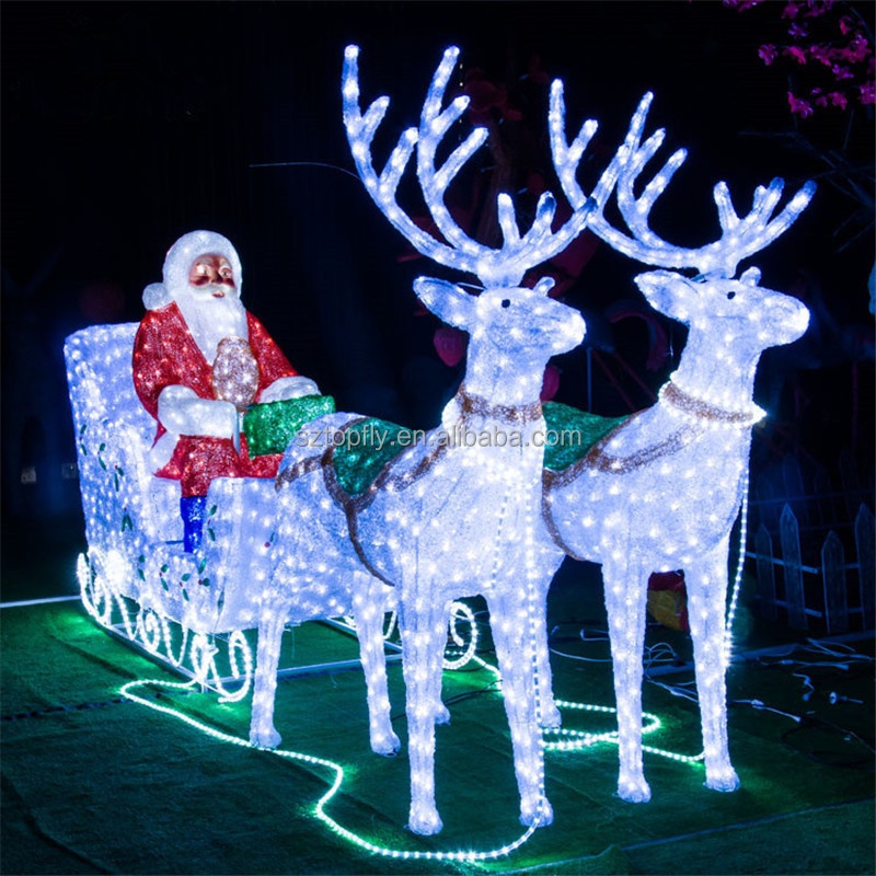 Fast Shipment Waterproof Christmas Acrylic LED Sculpture Reindeer Carriage with Santa Sleigh for Shopping Mall