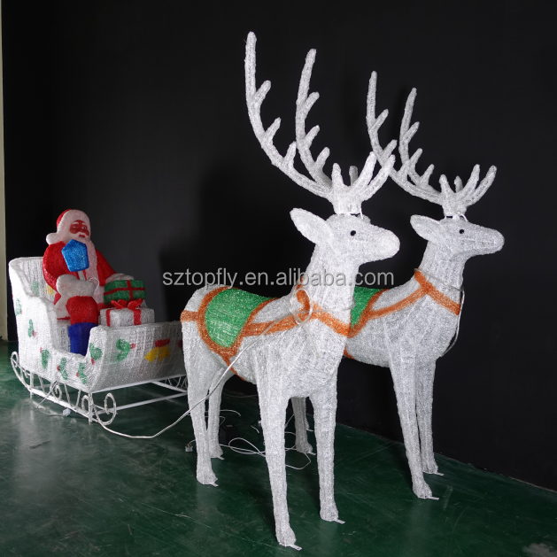 High Quality 24V Outdoor LED Sculpture 3D Acrylic Life Size Santa Sleigh Reindeer Carriage Holiday Lighting Motif Lights