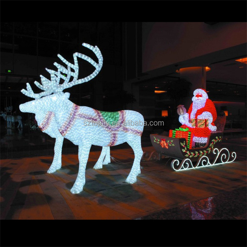 High Quality 24V Outdoor LED Sculpture 3D Acrylic Life Size Santa Sleigh Reindeer Carriage Holiday Lighting Motif Lights