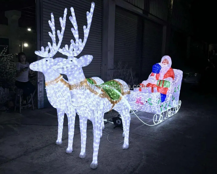 Fast Shipment Waterproof Christmas Acrylic LED Sculpture Reindeer Carriage with Santa Sleigh for Shopping Mall