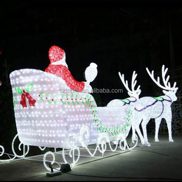 High Quality 24V Outdoor LED Sculpture 3D Acrylic Life Size Santa Sleigh Reindeer Carriage Holiday Lighting Motif Lights