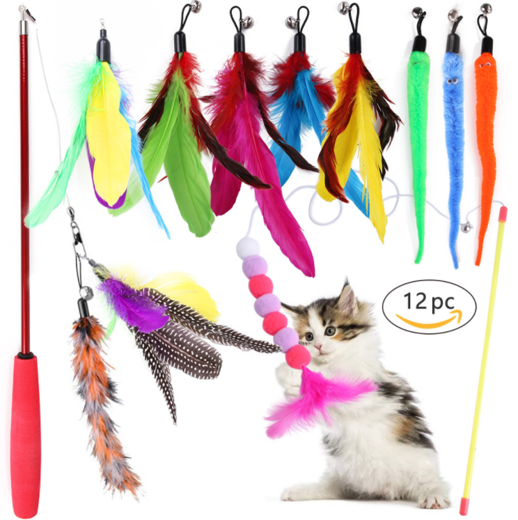 Wholesale Eco friendly Cat Toys 12-pack Cat Feather Kitten Toys Kit Teaser Wand Cat Toys Set Pack.