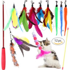 Wholesale Eco friendly Cat Toys 12-pack Cat Feather Kitten Toys Kit Teaser Wand Cat Toys Set Pack.