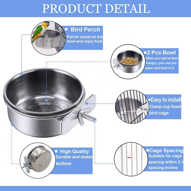 Hanging Stainless Steel Cage Coop Hook Cup Bird Parrot Feeding Cups Bowl Bird Water Food Dish Feeder