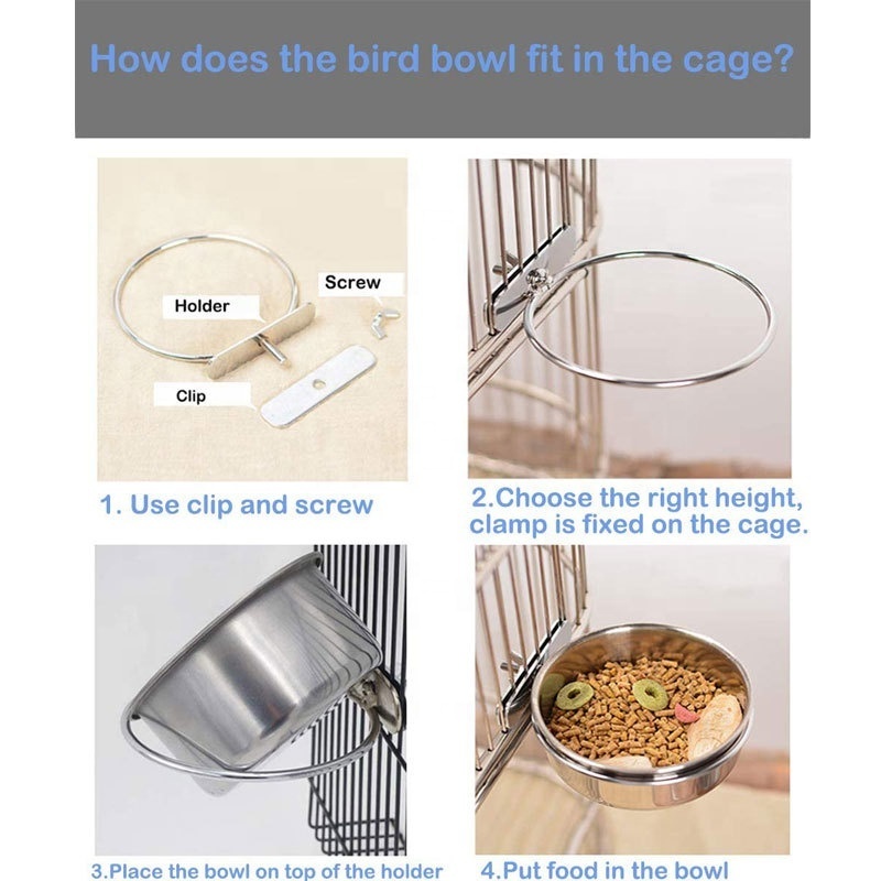 Hanging Stainless Steel Cage Coop Hook Cup Bird Parrot Feeding Cups Bowl Bird Water Food Dish Feeder