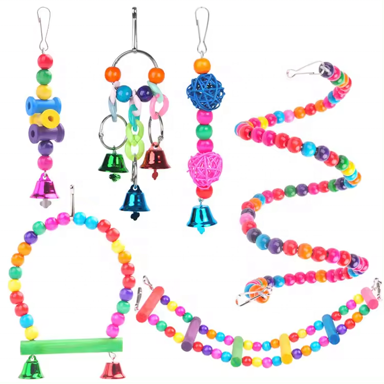 Bird Toys for Conures with Colorful Ladder Hammock Bird Cage Accessory Bird Perch Stand Chewing Toys Hanging Bell