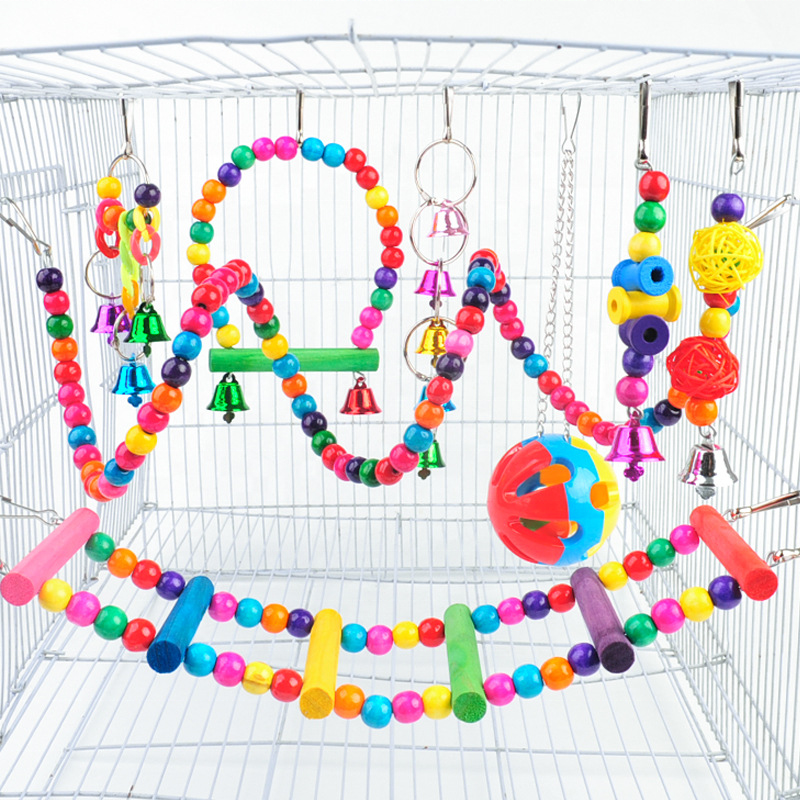 Bird Toys for Conures with Colorful Ladder Hammock Bird Cage Accessory Bird Perch Stand Chewing Toys Hanging Bell