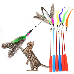 Interactive Cat Toy Feathers Teaser Stretch Wand Stick With Bell