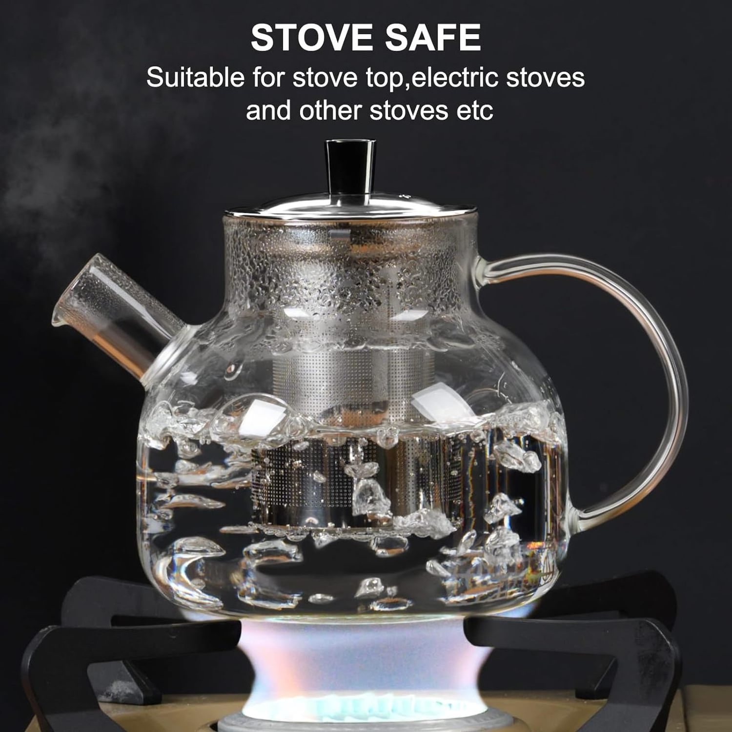 Glass Teapot Stovetop Borosilicate Clear Tea Kettle with Removable Stainless Steel Infuser