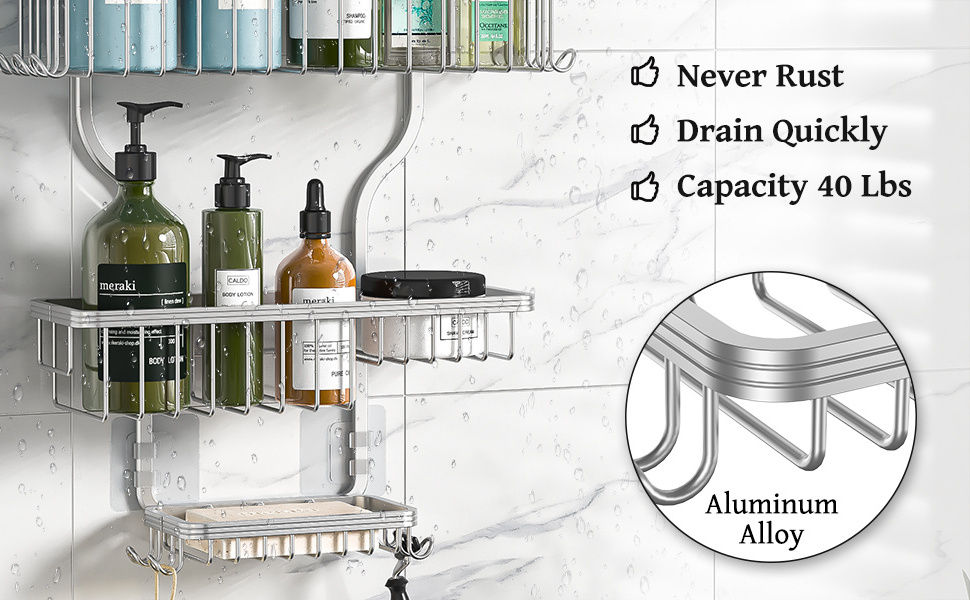 Wholesale Bathroom Shelf Shower Organizer Over Shower Head Never Rust Aluminum Large Hanging Shower Caddy with 10 Hooks