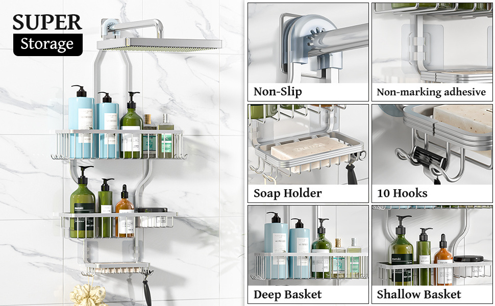 Wholesale Bathroom Shelf Shower Organizer Over Shower Head Never Rust Aluminum Large Hanging Shower Caddy with 10 Hooks