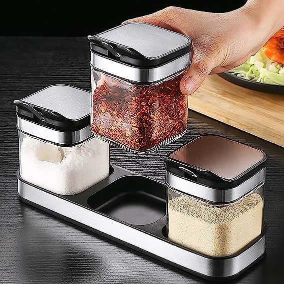 Condiment Jar Spice Container with 304 Stainless Steel Lids and Spoons Glass Canisters Pots Seasoning Box Salt Container Sugar B