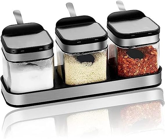 Condiment Jar Spice Container with 304 Stainless Steel Lids and Spoons Glass Canisters Pots Seasoning Box Salt Container Sugar B