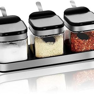 Condiment Jar Spice Container with 304 Stainless Steel Lids and Spoons Glass Canisters Pots Seasoning Box Salt Container Sugar B