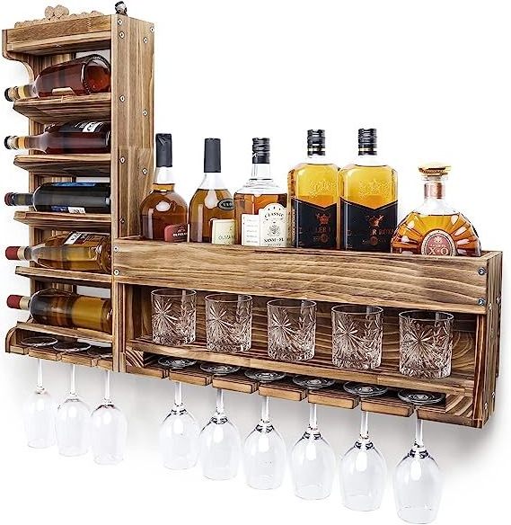 Wine Rack Wall Mounted Wood,Wine Shelf with Bottle Stemware Glass Holder Rustic Wine Display Storage Rack with Cork Holder