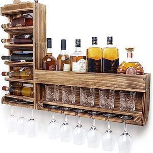 Wine Rack Wall Mounted Wood,Wine Shelf with Bottle Stemware Glass Holder Rustic Wine Display Storage Rack with Cork Holder