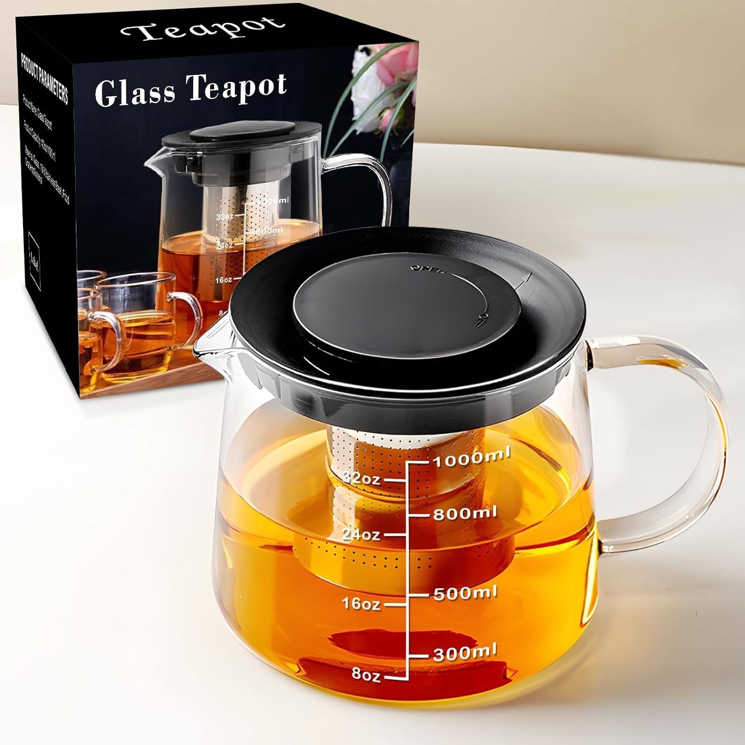 Borosilicate Clear Tea Kettle Glass Teapot Stovetop Tea pot with Removable Stainless Steel Infuser Tea Brewer for Camping