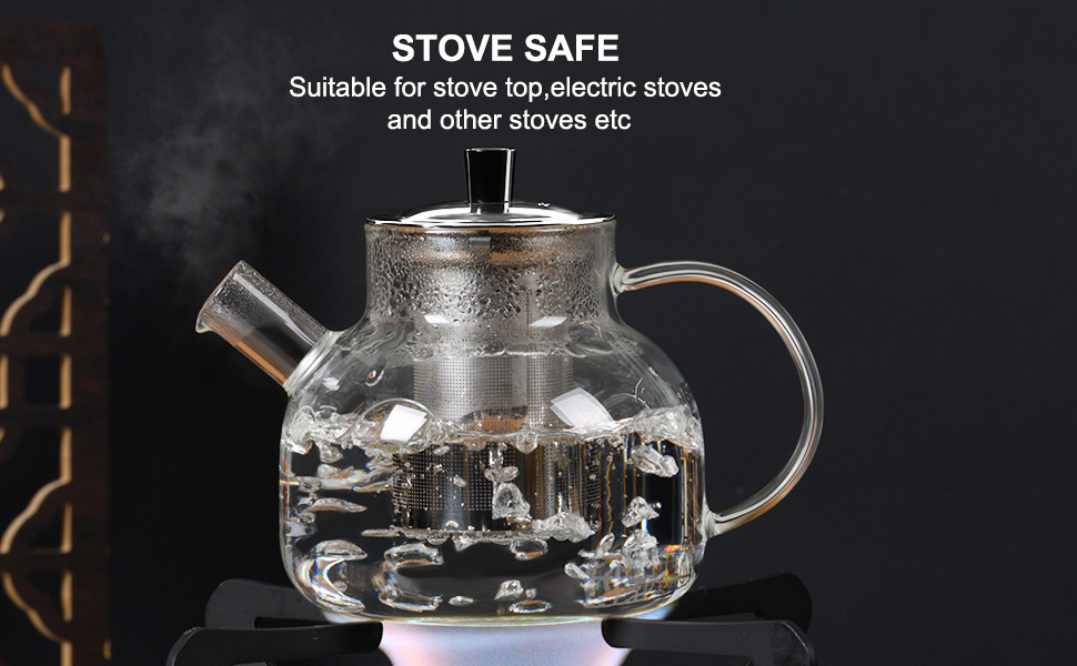 Glass Teapot Stovetop Borosilicate Clear Tea Kettle with Removable Stainless Steel Infuser