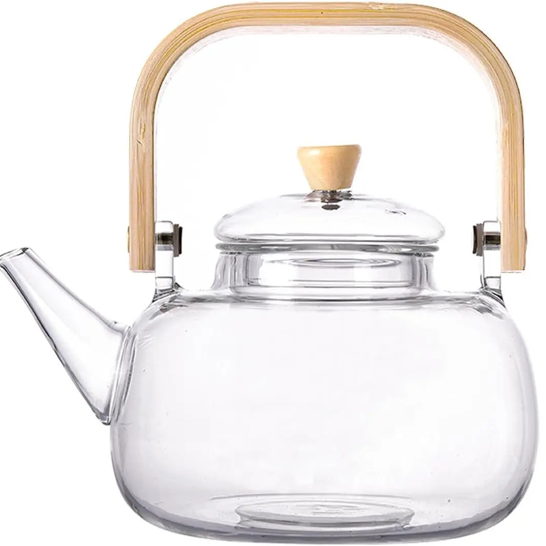 2024 New Release Borosilicate Glass Teapot Heat-resistant Kettle Flower Tea Set Bamboo Handle Teaware