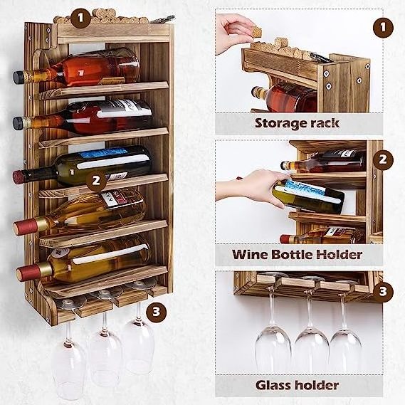 Wine Rack Wall Mounted Wood,Wine Shelf with Bottle Stemware Glass Holder Rustic Wine Display Storage Rack with Cork Holder