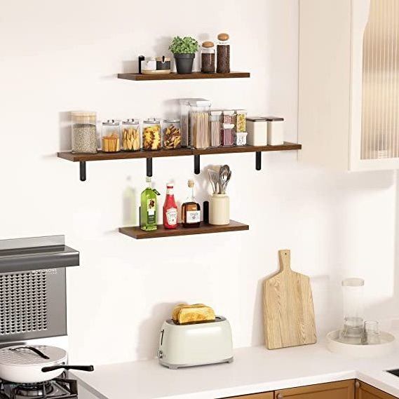 Wall Mounted Shelves Sturdy Small Wood Shelves with Metal Brackets Hanging Floating Shelves for Wall Decor Storage Bedroom