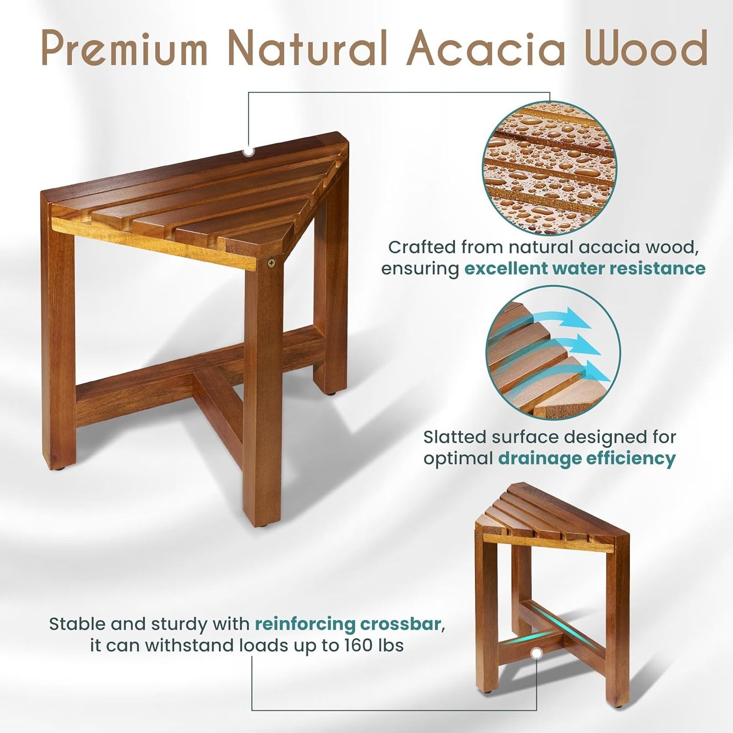 Acacia Wood Shower Foot Rest Corner Bathroom Bench with Non-Slip Feet Shower Bench Corner Shower Foot Stool for Shaving Legs