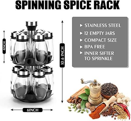 Revolving Spinning Spice Storage Rack Tower Organizer with 12 Empty Jars Rotating Spice Holder Spice Rack Organizer Countertop