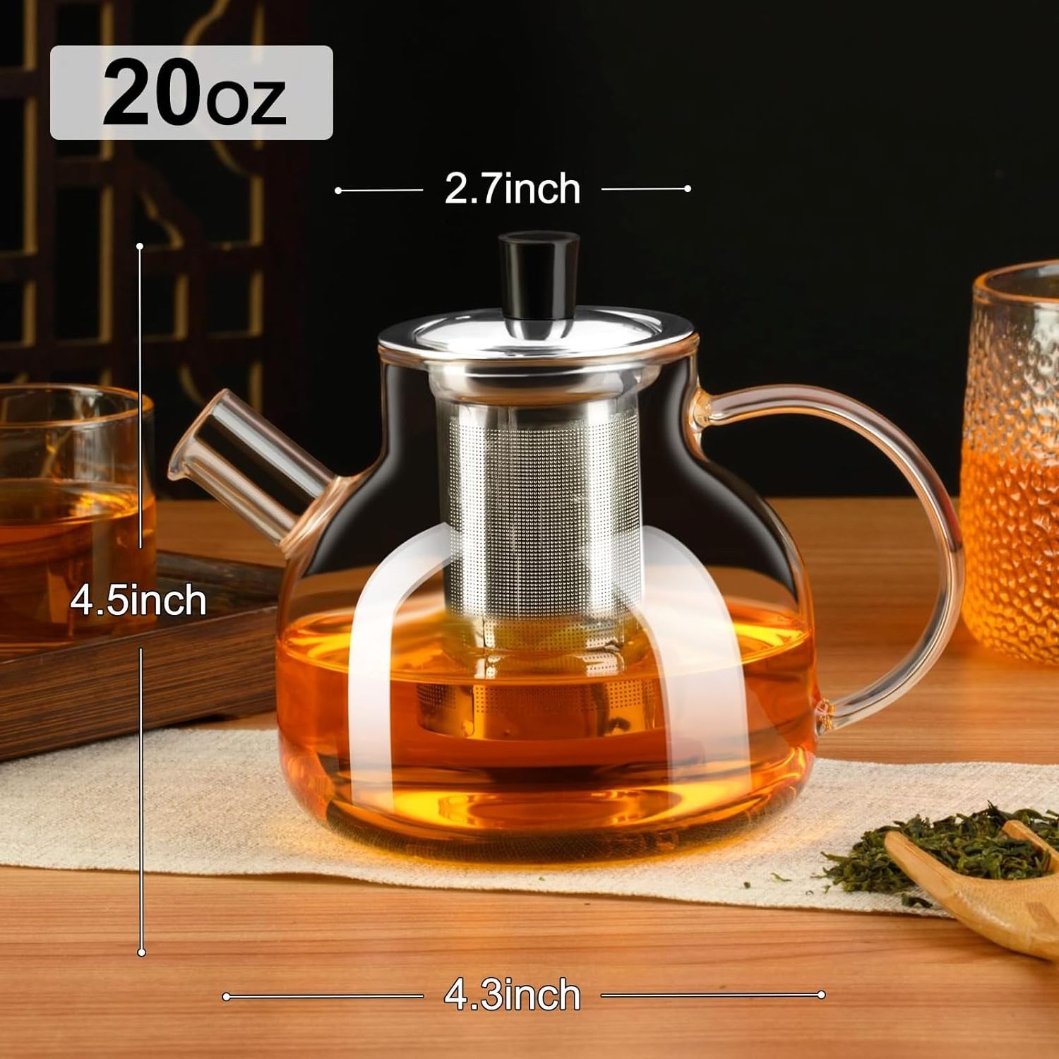 Glass Teapot Stovetop Borosilicate Clear Tea Kettle with Removable Stainless Steel Infuser