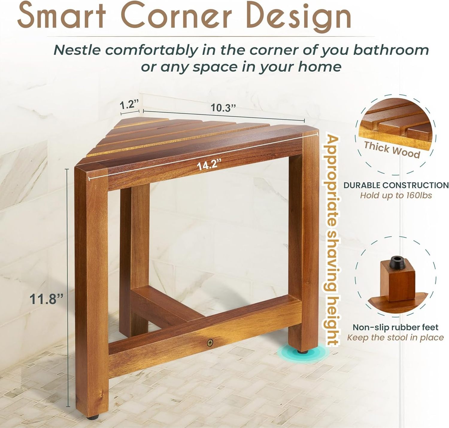 Acacia Wood Shower Foot Rest Corner Bathroom Bench with Non-Slip Feet Shower Bench Corner Shower Foot Stool for Shaving Legs