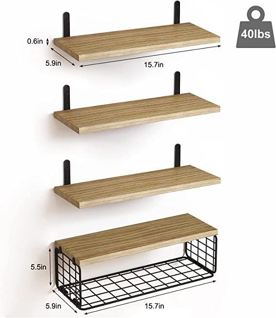 Hot Sale 4 in 1 Tier Rustic Wood Wall Shelf Bathroom Shelves with Wire Storage Basket Farmhouse Floating Shelves for Wall Decor