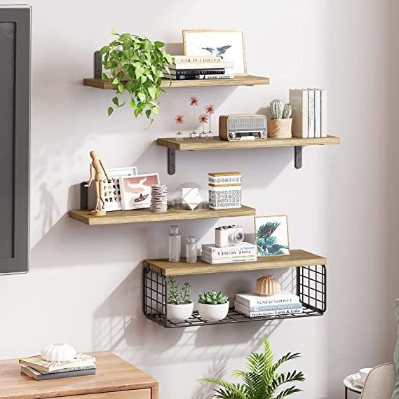 Hot Sale 4 in 1 Tier Rustic Wood Wall Shelf Bathroom Shelves with Wire Storage Basket Farmhouse Floating Shelves for Wall Decor