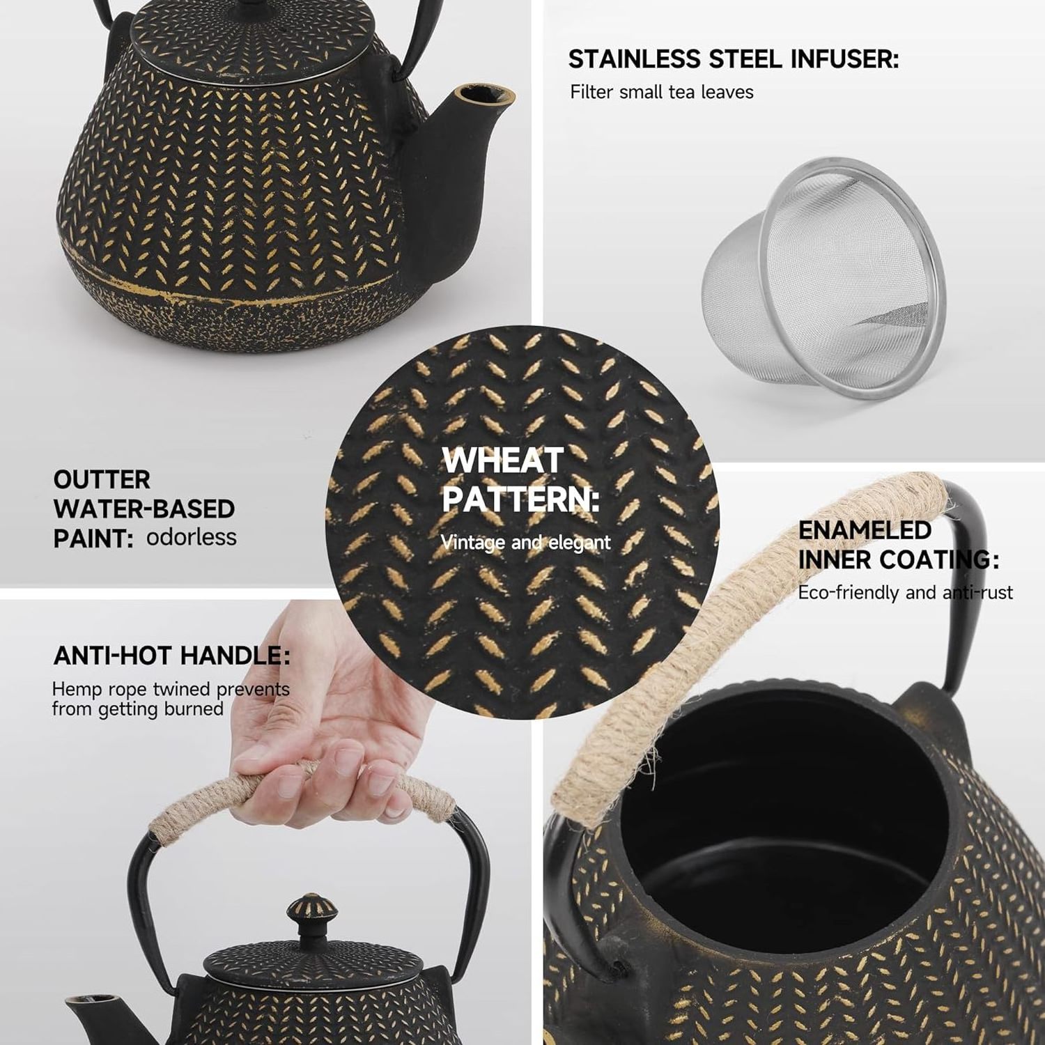 Cast Iron Teapot Tea Kettle Stovetop Coated with Enameled Interior Wheat Pattern Tea Pot with Infusers for Loose Tea