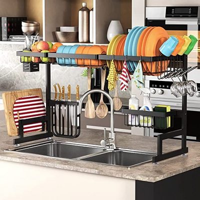 Over Sink Dish Drying Rack Display Adjustable Large 2 Tier Dish Drainer for Storage Kitchen Counter Organization Stainless Steel