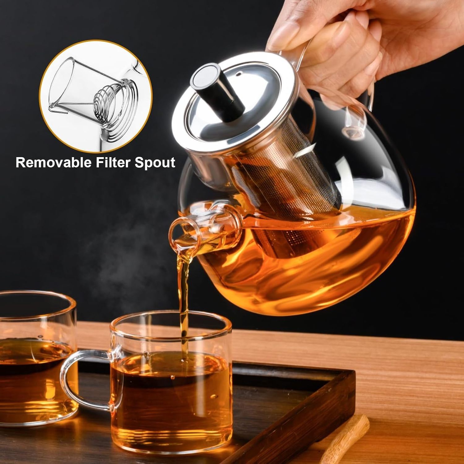 Glass Teapot Stovetop Borosilicate Clear Tea Kettle with Removable Stainless Steel Infuser