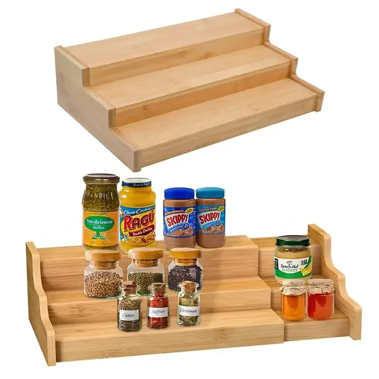 3 Tier Bamboo Expandable Display Shelf Spice Rack Organizer for Kitchen Cabinet