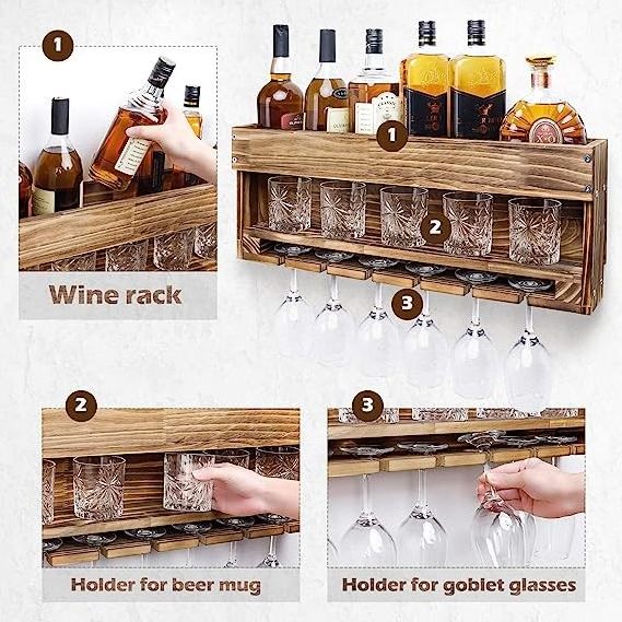 Wine Rack Wall Mounted Wood,Wine Shelf with Bottle Stemware Glass Holder Rustic Wine Display Storage Rack with Cork Holder