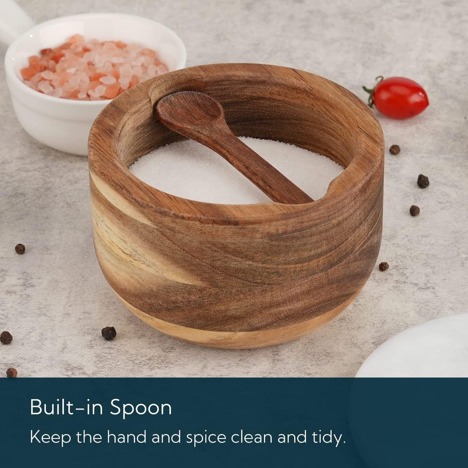 Acacia Salt Cellar Box Bowl Wood Seasoning Spice Box Container Wooden Kitchen Acacia Wood Salt Box