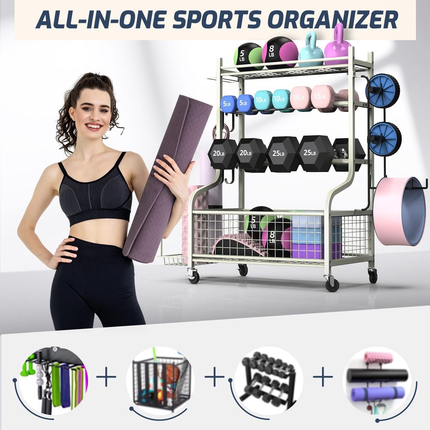 Hot Sale Home Gym Heavy Duty Storage Rack for Dumbbells Kettlebells Yoga Mat and Balls All in One Workout Storage Rack