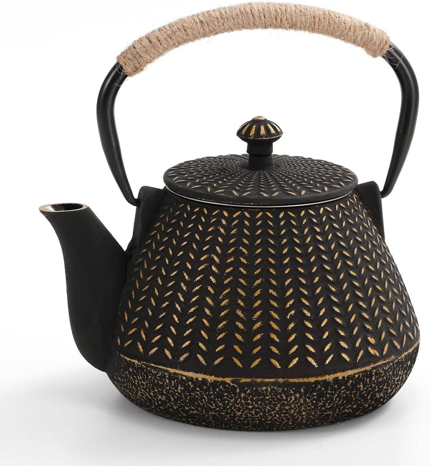 Cast Iron Teapot Tea Kettle Stovetop Coated with Enameled Interior Wheat Pattern Tea Pot with Infusers for Loose Tea