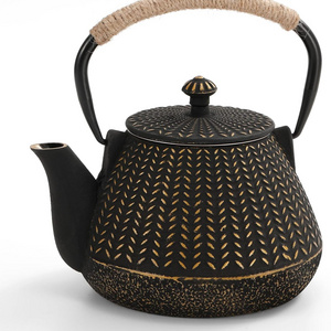 Cast Iron Teapot Tea Kettle Stovetop Coated with Enameled Interior Wheat Pattern Tea Pot with Infusers for Loose Tea