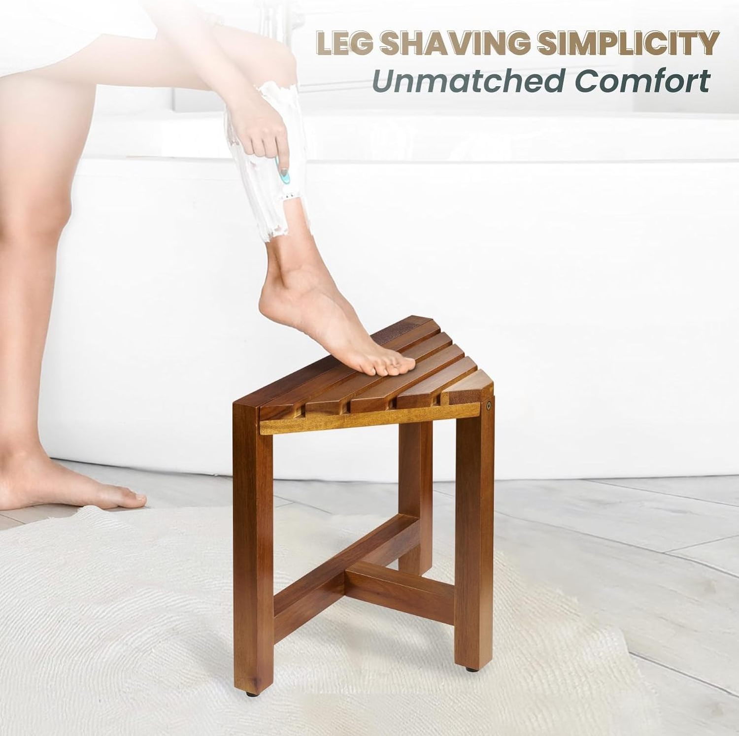 Acacia Wood Shower Foot Rest Corner Bathroom Bench with Non-Slip Feet Shower Bench Corner Shower Foot Stool for Shaving Legs