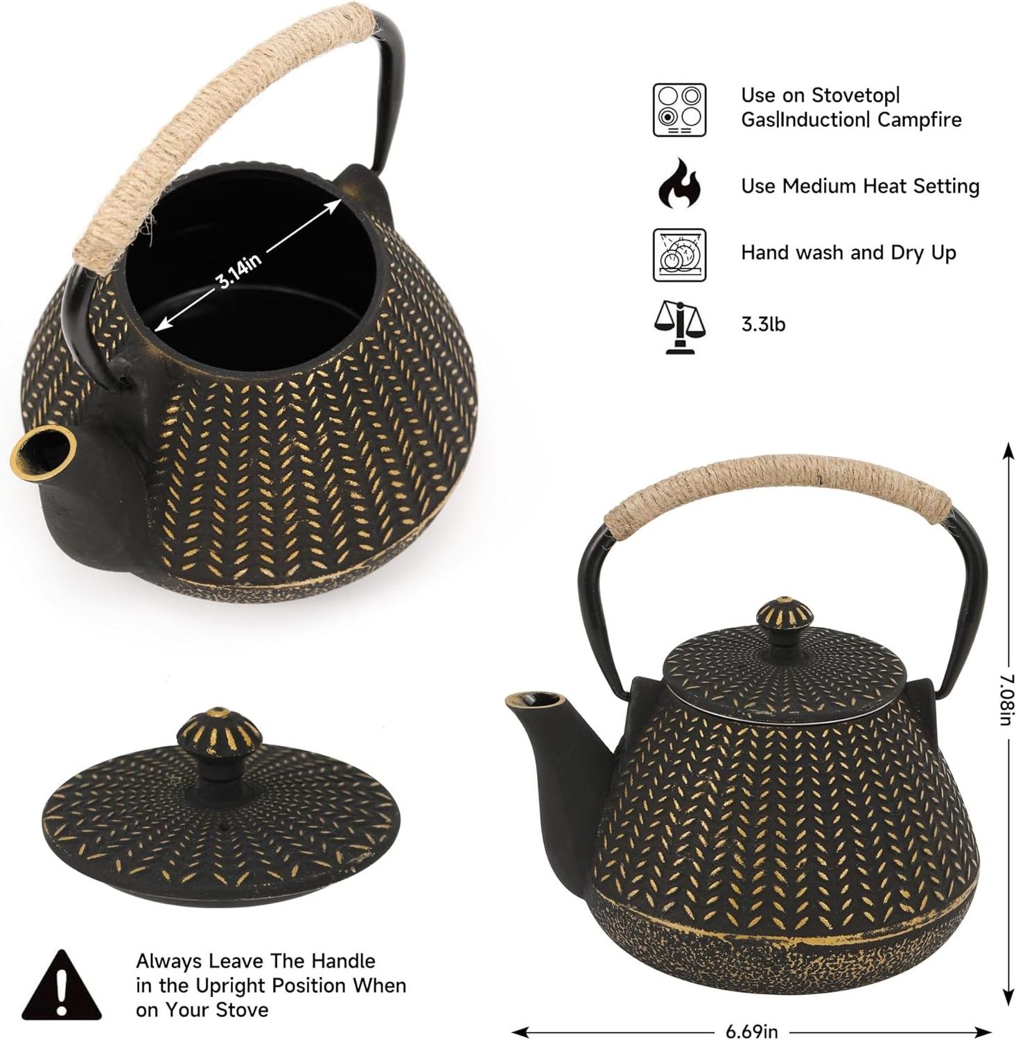 Cast Iron Teapot Tea Kettle Stovetop Coated with Enameled Interior Wheat Pattern Tea Pot with Infusers for Loose Tea