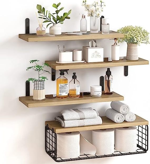 Hot Sale 4 in 1 Tier Rustic Wood Wall Shelf Bathroom Shelves with Wire Storage Basket Farmhouse Floating Shelves for Wall Decor