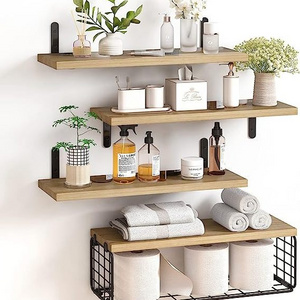 Hot Sale 4 in 1 Tier Rustic Wood Wall Shelf Bathroom Shelves with Wire Storage Basket Farmhouse Floating Shelves for Wall Decor