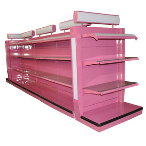 Multifunctional pink supermarket shelf makeup gondola shelves used to market luxury trpe double surfaces back plate