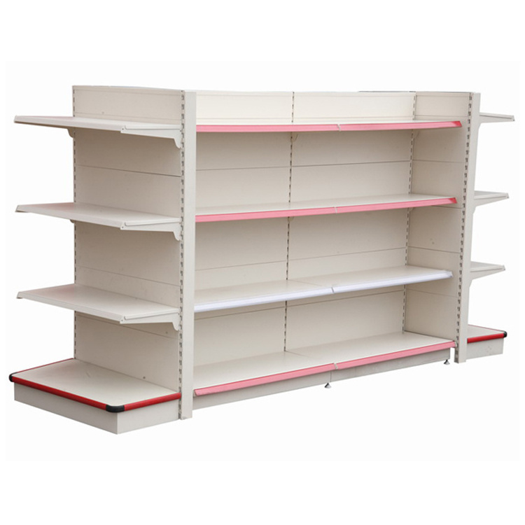 Multifunctional pink supermarket shelf makeup gondola shelves used to market luxury trpe double surfaces back plate