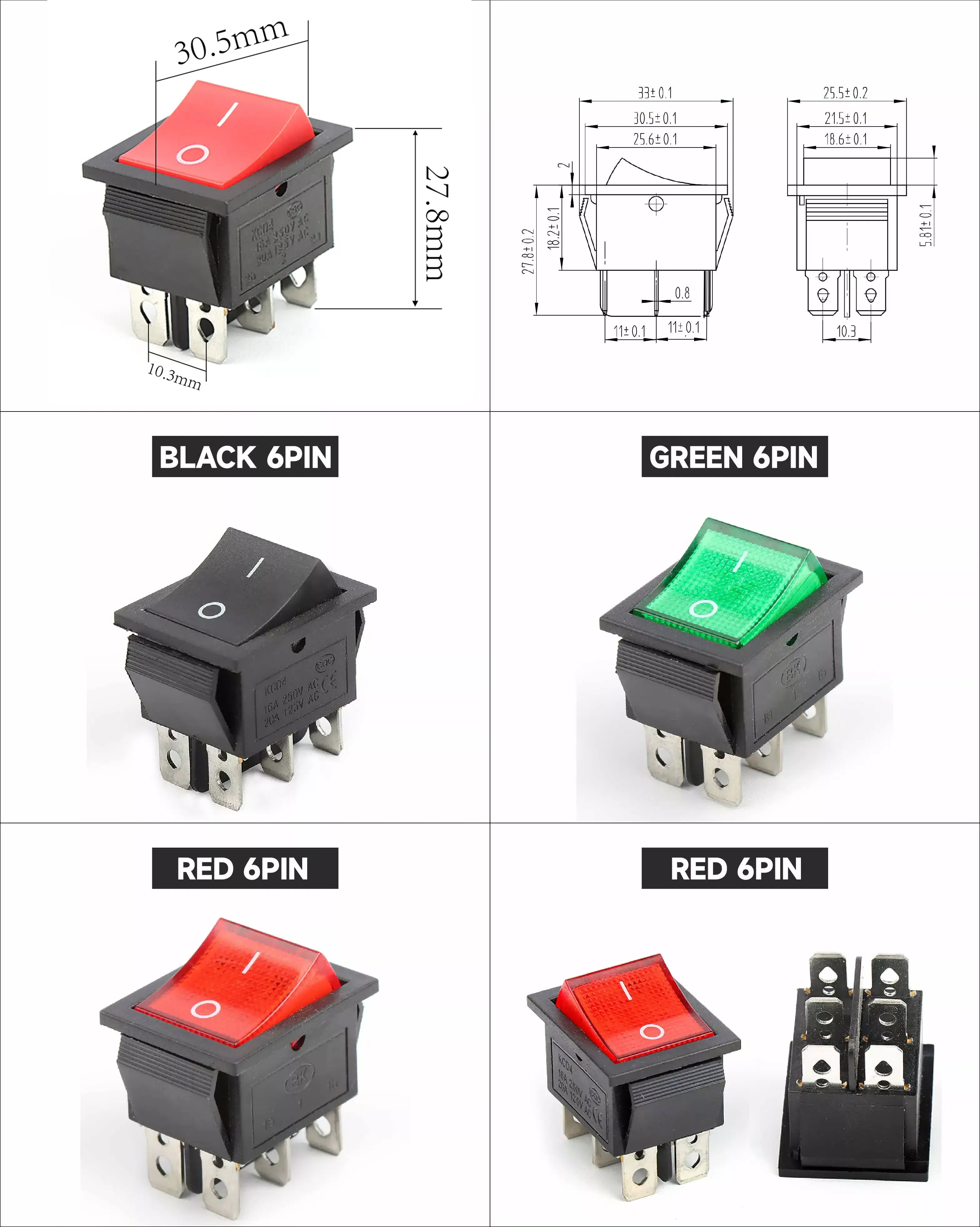 kcd1 2/4/6pins 6A 16A 250V 10*15/15*21/25*31 mm Rocker Switch 10x15/15x21/25x31mm kcd1 kcd2 kcd3 kcd4 PCB Rocker Switch